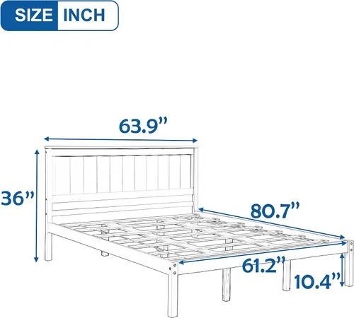 Miniatura 2 de Elegante cama de plataforma de tamaño individual con cabecero, base de cama de plataforma de madera maciza con soporte de listones de madera