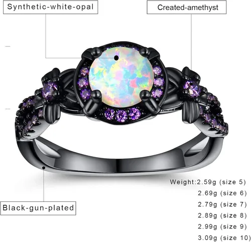 Miniatura 6 de Opaltop - Anillo de compromiso chapado en negro con ópalo de fuego blanco y amatista tallas 5 a 10 para niñas y mujeres latín 8 negro aro