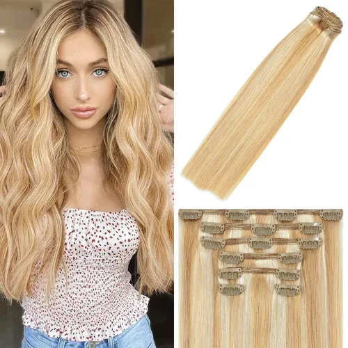 Miniatura 24 de WindTouch - Extensiones de cabello humano Remy con pinzas, color rubio decolorado combinado con balayage, para cabello rubio, 2.47 onzas, N.°