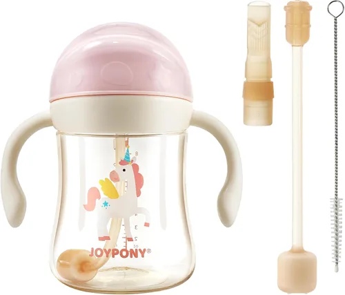 Joypony Vasos para sorber para niños pequeños de 1 a 3 años, vaso con popote con peso a prueba de derrames con asa para bebés de 6 meses en Rosa/1