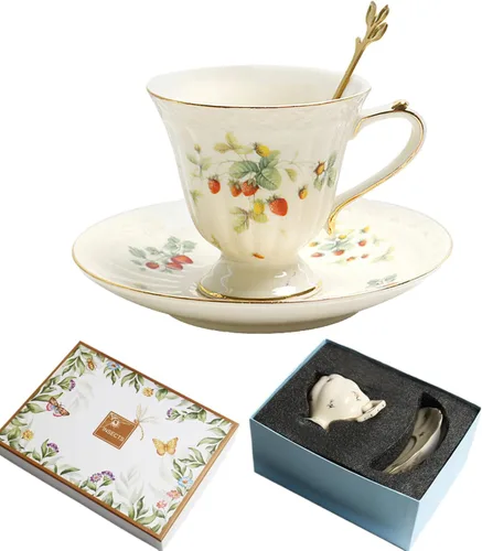 Miniatura 7 de Juego de taza de té y platillo de porcelana, taza de café de cerámica de 8.5 onzas líquidas con platillo y cuchara, taza de café vintage con ribete