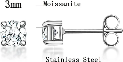 Miniatura 3 de Aretes de tuerca de moissanita de acero 316L de 4 puntas redondas de moissanita con diamantes para mujeres y hombres
