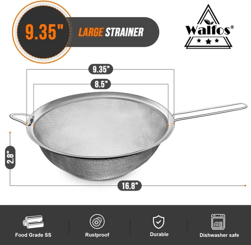 Miniatura 3 de Walfos Colador grande de malla fina de 9.35 pulgadas, tamiz de malla de acero inoxidable 30 con mango resistente, coladores de alimentos de cocina