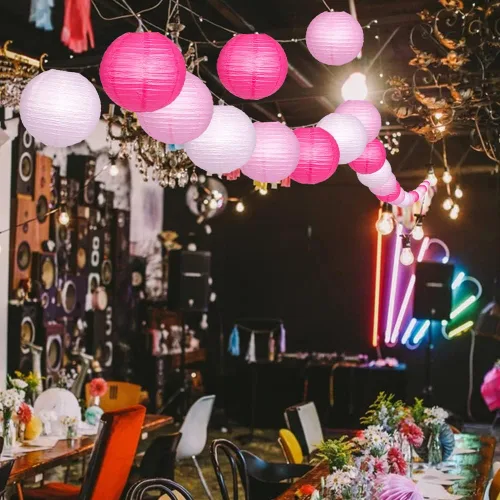 Miniatura 6 de Faroles de papel decorativos, faroles chinos redondos colgantes rosados con luces para compromiso, despedida de soltera, fiesta de cumpleaños, 12