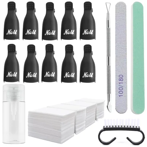Miniatura 7 de Kit de removedor de esmalte de uñas de gel con 10 clips de removedor de esmalte de uñas rosa con tapa, botella dispensadora, empujador de cutículas