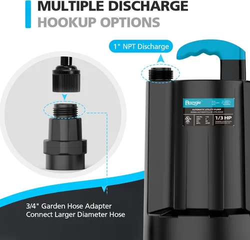 Miniatura 4 de 1/3 HP Bomba de Agua Sumergible Automática, Bomba de Sumidero Portátil Eléctrica de 2250GPH, Bomba de Utilidad para Eliminación de Agua de Alberca