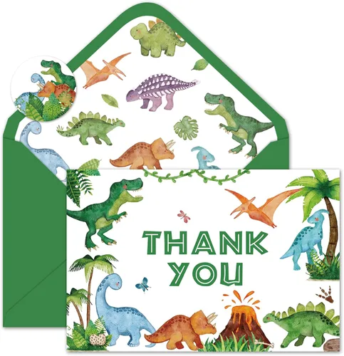 Whaline Paquete de 24 tarjetas de agradecimiento de dinosaurio, tarjetas de felicitación jurásicas verdes con sobres, tarjetas de notas en blanco