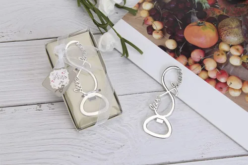 Miniatura 2 de 5 piezas de abrebotellas en tono plateado, decoración de recuerdos de boda, caja de regalo, lazo en forma de nudo con amor, suministros de fiesta