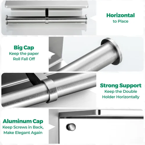 Miniatura 7 de Soporte de papel higiénico – Soporte de papel higiénico de aluminio de doble rollo con estante para teléfono móvil para baño, autoadhesivo 3M, sin
