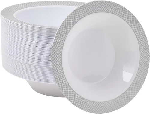JOLLY CHEF Paquete de 50 cuencos de plástico con borde plateado, cuencos de sopa desechables de 12 onzas, cuencos de plástico resistentes para