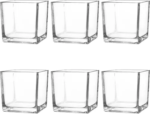Miniatura 8 de Juego de 6 jarrones cuadrados de vidrio de 5 x 5 x 5 pulgadas, jarrones transparentes para centros de mesa, portavelas para eventos de fiesta