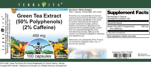 Miniatura 3 de Extracto de té verde (50% polifenoles) (2% de cafeína) - 450 mg (100 Cápsulas, ZIN: 514482)