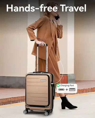 Miniatura 3 de LUGGEX Maleta de mano con bolsillo frontal, maleta rígida de policarbonato expandible con puerto USB, Champán, Equipaje de mano