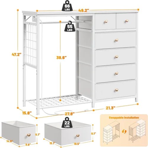 Miniatura 2 de EnHomee Cómoda blanca de 125 cm de ancho para dormitorio con estante colgante, cómoda de 6 cajones con luces LED y estación de carga, cómodas