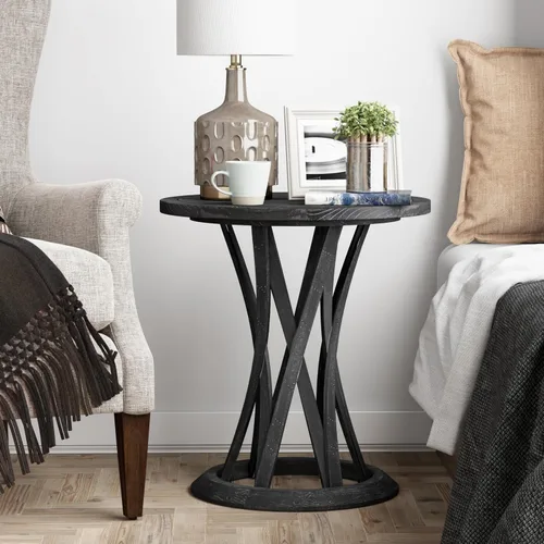 Miniatura 7 de COZAYH Mesa auxiliar redonda de granja con base de pedestal entrecruzada, mesa auxiliar con acabado envejecido, mesa decorativa rústica para sala