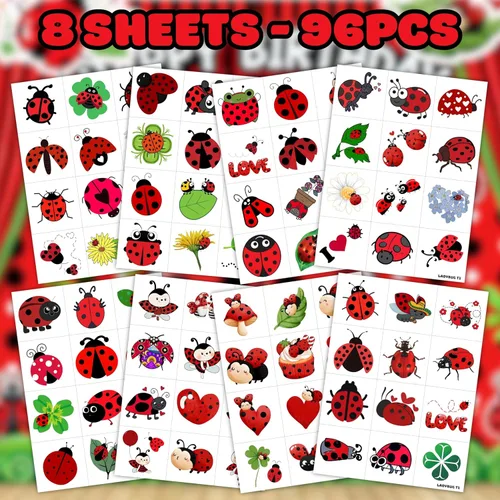 Miniatura 4 de 96 tatuajes temporales precortados de mariquita para niños, lindos tatuajes de insectos de Lady Beetle, recuerdos de fiesta, decoraciones