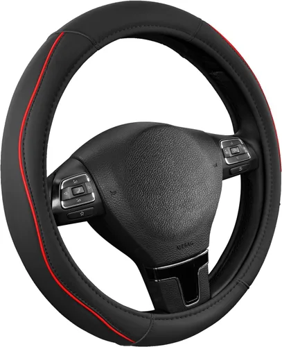 Miniatura 10 de Road Comforts Funda de cuero para volante con ribete decorativo y ribetes, diseño antideslizante y transpirable, se adapta a volantes redondos