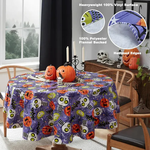 Miniatura 4 de Newbridge Ghoulish Gang - Mantel de vinilo con parte trasera de franela de Halloween, diseño de calaveras y murciélagos espeluznantes con reverso