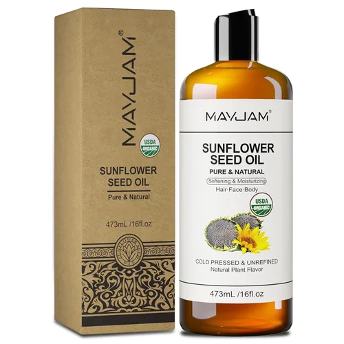 MAYJAM Aceite orgánico de semilla de girasol de 16 onzas líquidas, aceite portador prensado en frío puro y natural certificado por la USDA, para