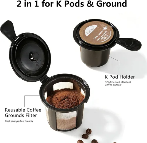Miniatura 3 de Cafetera de una sola porción K Cup 2 en 1, tamaños de preparación de 6 a 14 oz, apagado automático y filtro reutilizable, uso de cápsulas de café