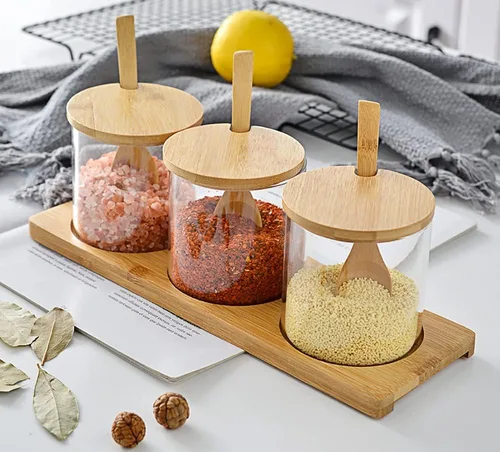 Miniatura 7 de Lawei Juego de 3 tarros de condimentos con tapas y cucharas – Tazones de cristal para azúcar y sal para servir azúcar, especias y sal