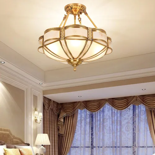 Miniatura 2 de Lámpara de techo de latón de 4 luces semiempotrada, candelabro dorado para comedor, lámpara de techo de vidrio esmerilado, luz empotrada moderna