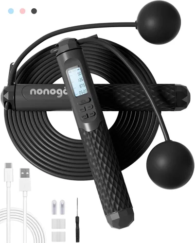 nonogo Cuerda de saltar inalámbrica con contador para fitness, cuerda de saltar inteligente ajustable para hombres, mujeres, niños, boxeo de Negro