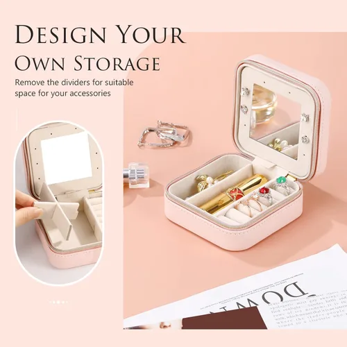 Miniatura 4 de Emibele Joyero de viaje, estuche pequeño de piel sintética, organizador de joyas de viaje de 3 capas para mujeres y niñas, estuche de viaje