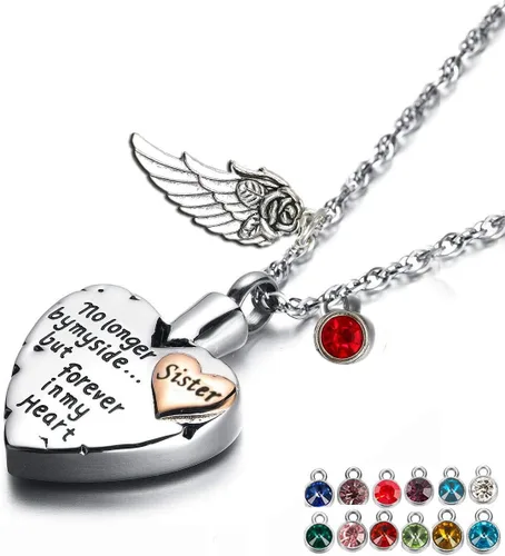 PREKIAR Collar de urna de cremación de corazón para cenizas, colgante conmemorativo y 12 piedras natales no más a mi lado sino para siempre en mi