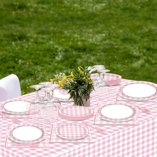 Miniatura 5 de 98 piezas de suministros de fiesta a cuadros rosa para 24 invitados, juego de vajilla a cuadros rosa y blanco, platos a cuadros, servilletas