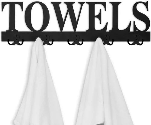 Miniatura 4 de MyGift Toallero para baño, soporte para toallas de baño montado en la pared con 5 ganchos dobles, colgador de toalla de mano de lavandería de Negro