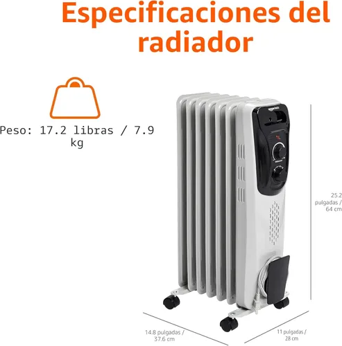 Miniatura 3 de Amazon Basics Radiador de aceite portátil para uso en interiores, 3 ajustes de calor, protección contra sobrecalentamiento, seguridad certificada