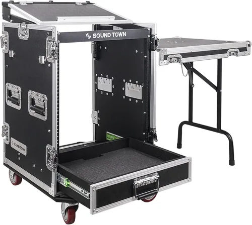 Sound Town 14U PA DJ Caja de rack/ruta ATA para audio profesional con cajón de 2U, parte superior inclinada de mezclador de 11U, mesa de trabajo