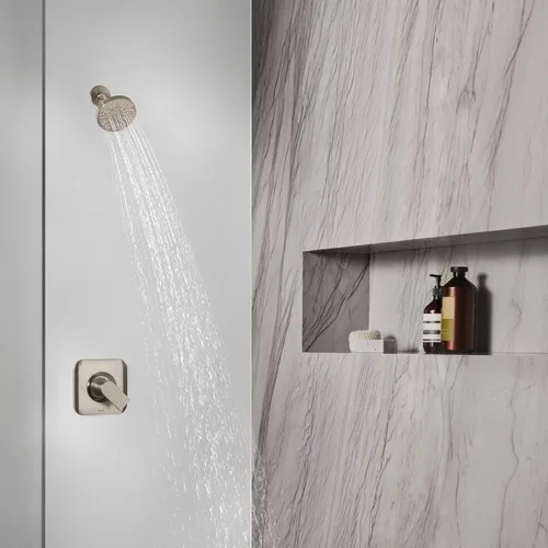 Miniatura 8 de Moen Genta LX de níquel cepillado con equilibrio de presión y rendimiento ecológico, kit de grifería moderna para ducha que incluye cabezal