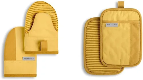KitchenAid Beacon - Juego de manoplas de horno antideslizantes de dos tonos y soporte para ollas, color amarillo majestuoso, 5 piezas