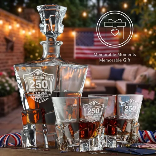 Miniatura 9 de Personalized 250th Anniversary Rocks Whiskey Decanter Set – USA 250 Independence Gift for Men, Custom Engraved Family Name or Text, Decanter, 4