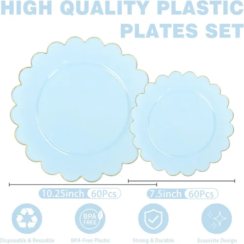Miniatura 8 de LIYH - 120 platos de plástico azul bebé con borde dorado, platos desechables de plástico azul claro, incluye 60 platos llanos de 10.25 pulgadas y 60