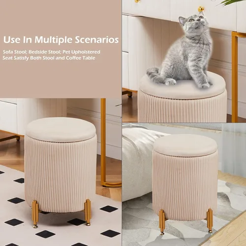 Miniatura 5 de Otomana Redonda Reposapiés con Almacenamiento y Patas de Metal para Sala de Estar y Dormitorio, Taburete Reposapiés Tapizado en Terciopelo Soporta