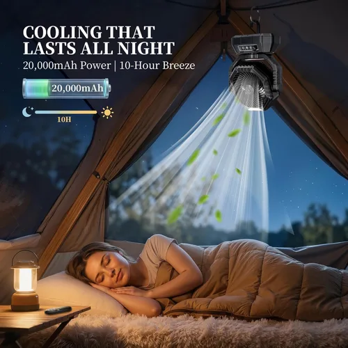 Miniatura 5 de AJVV Ventilador de campamento, batería oscilante, portátil, recargable, con luz y control remoto para campamento, al aire libre, corte de energía