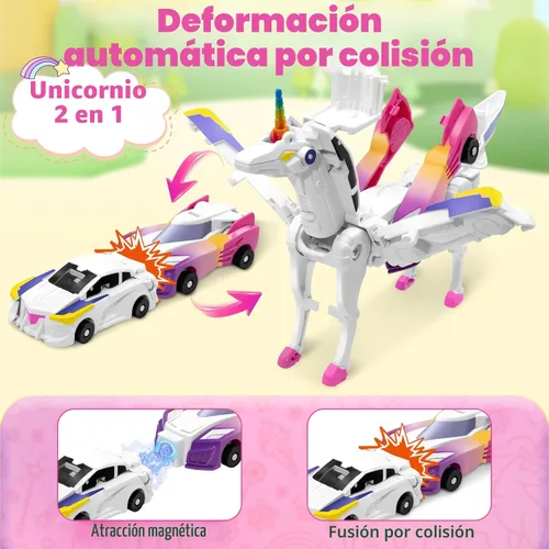 Miniatura 5 de Intoypad Coches de Juguete Transformables de Colisión de Unicornio para Niñas y Niños, 2 Coches Magnéticos que se Transforman en Coches Robot Rosa