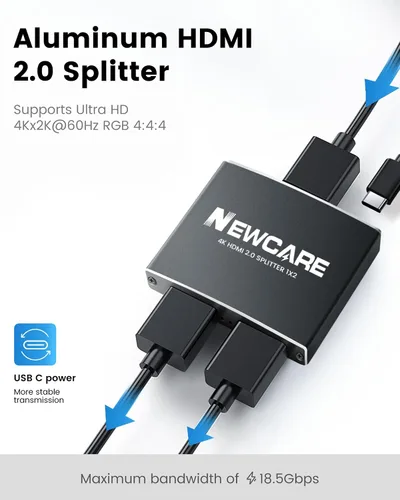 Miniatura 6 de NEWCARE Divisor HDMI de 1 entrada y 2 salidas, divisor HDMI de 4K a 60 Hz para monitores duales [con cable de alta velocidad de 3.9 pies]