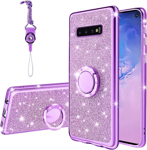 Miniatura 14 de Funda para Samsung Galaxy S10, Galaxy S10 2019 para mujer con purpurina de cristal suave TPU transparente con correa de pie de apoyo