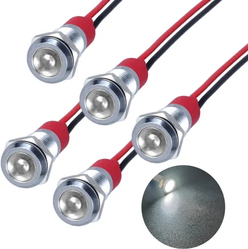 Miniatura 22 de 5Pcs 12V-24V Luz indicadora LED de ahorro de energía Montaje de orificio 8mm (1/3") 20mA Señal de lámpara de cabeza plana ancha impermeable piloto
