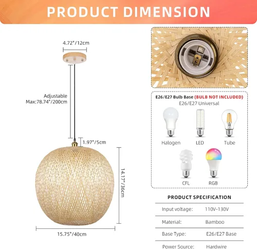 Miniatura 6 de Arturesthome Luces Colgantes de Bambú de 15.7", Candelabro de Mimbre Redondo, Pantalla de Lámpara de Canasta Boho Tejida a Mano, Luz de Techo
