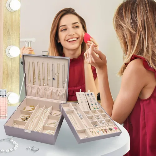 Miniatura 7 de ProCase - Joyero grande de cuero con dos niveles para organizar aretes, pulseras, anillos, relojes, para mujeres, niñas, regalo ideal para novia