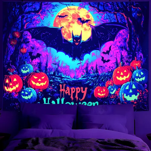 Miniatura 29 de BVBOX Tapiz de Halloween con luz negra, reactivo a los rayos UV que brilla en la oscuridad, póster de tapiz trippy con luz negra para sala de estar