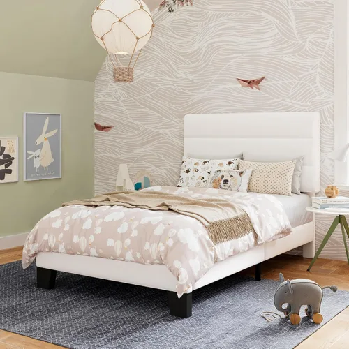 Miniatura 15 de GOLDORO Base de cama de plataforma de tamaño individual con cabecera tapizada, soporte de listones de madera, no necesita somier, fácil montaje