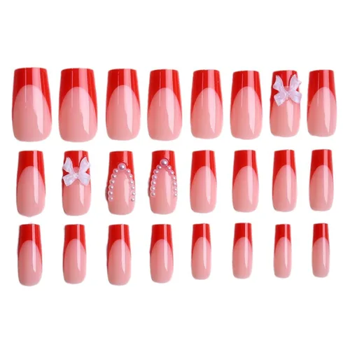 Miniatura 4 de Lindas uñas a presión de tamaño mediano - Uñas falsas cuadradas con punta francesa, uñas acrílicas rojas de cobertura completa brillantes