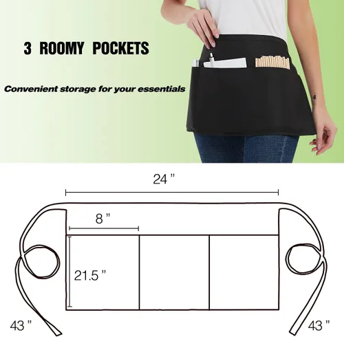 Miniatura 3 de DUSKCOVE Paquete de 12 delantales de servidor con 3 bolsillos, medio delantal para camarera para mujeres y hombres, resistente al agua con correa