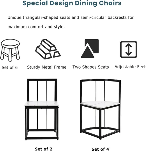 Miniatura 6 de Merax Juego de mesa de comedor moderno de 7 piezas para 6, mesa de mármol MDF sintético, 6 sillas de metal, negro y blanco Negro-blanco